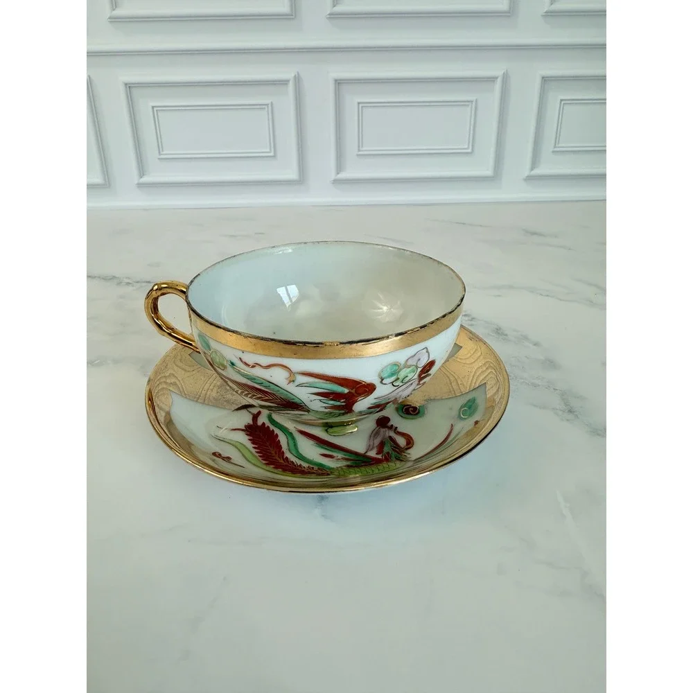 VTG Asian DragonWare and Phoenix 22K Gilded Teacup and Saucer